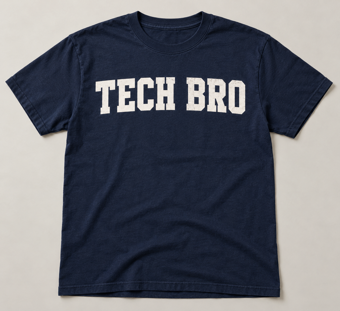Navy blue TECH BRO T-shirt with off-white collegiate lettering
