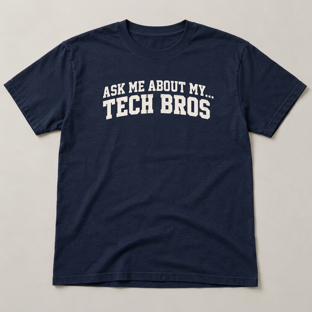 Navy T-shirt with smaller off-white ASK ME ABOUT MY… TECH BROS collegiate lettering